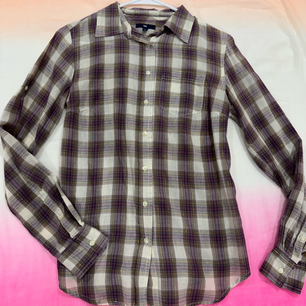 GAP Women's Plaid Shirt in Purple and White